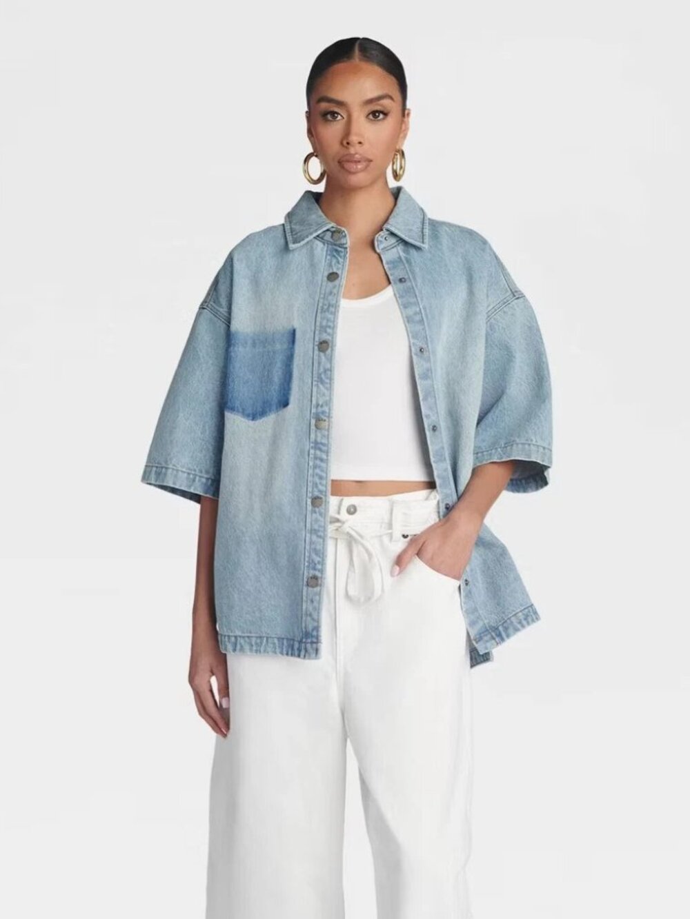 NWT Women's KBB by KAHLANA Size XS Short Sleeve 'The Boxy Denim Shirt' - Light